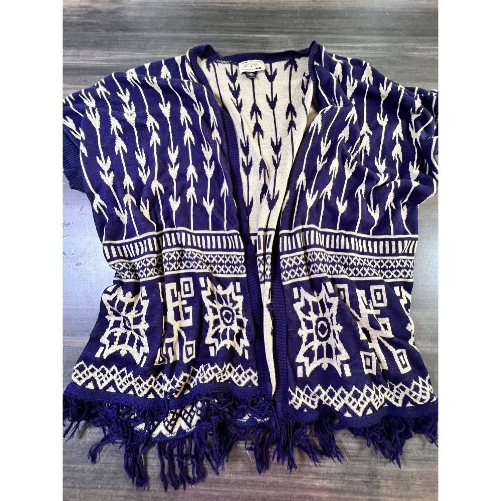 Say What‎ Open Front Cardigan Aztec Arrow Print Fringe Trim L/XL